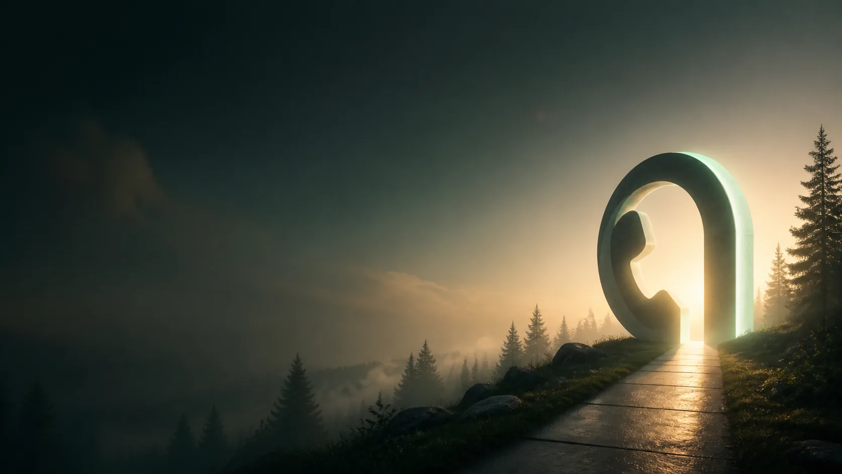Portal aberto em uma paisagem tranquila ao amanhecer